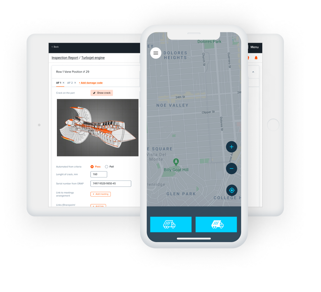 Inspection report on a tablet screen, construction management app on the iPhone screen